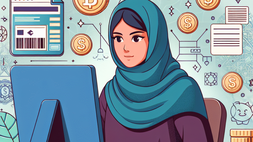 Illustrasjon av en person som sparer penger ved å bruke en datamaskin, omgitt av symboler for rabattkoder og digitale valutaer.