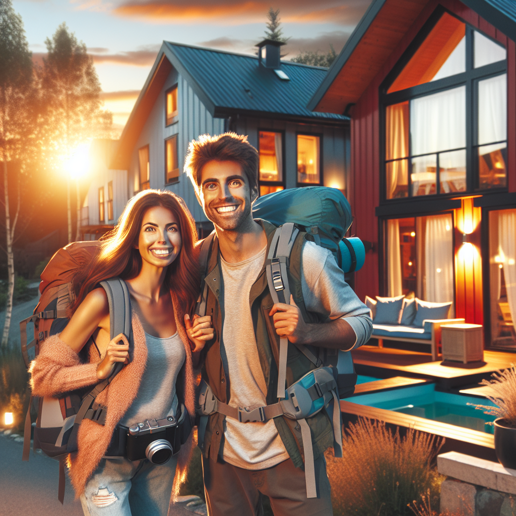 Lykkelig par som pakker sekk foran en ferieleilighet i Norden, kombinasjon av natur og by, varme farger, moderne reiseutstyr, stemningsfullt lys ved solnedgang