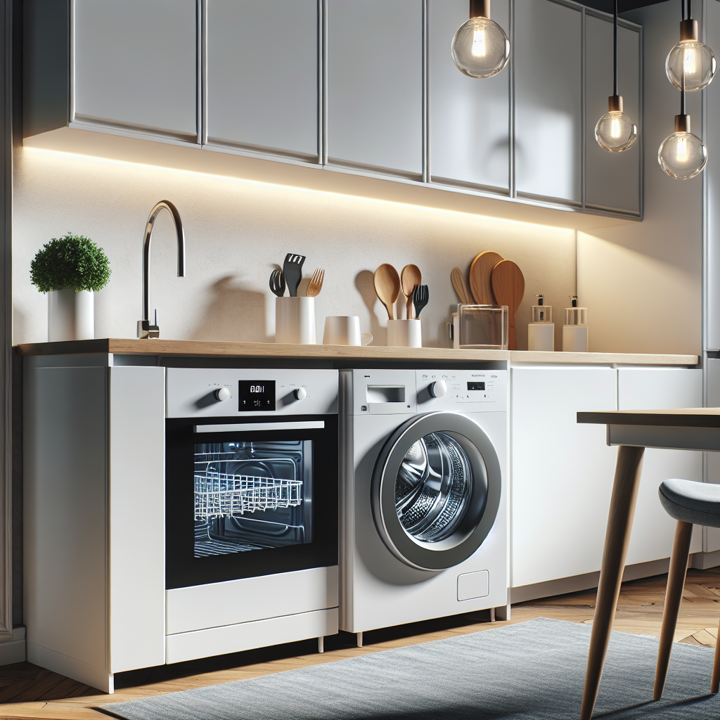 Moderne kjøkken med energieffektive hvitevarer, innbydende lys, tydelig fokus på vaskemaskin og oppvaskmaskin, stilren nordisk estetikk, realistisk fotografisk stil